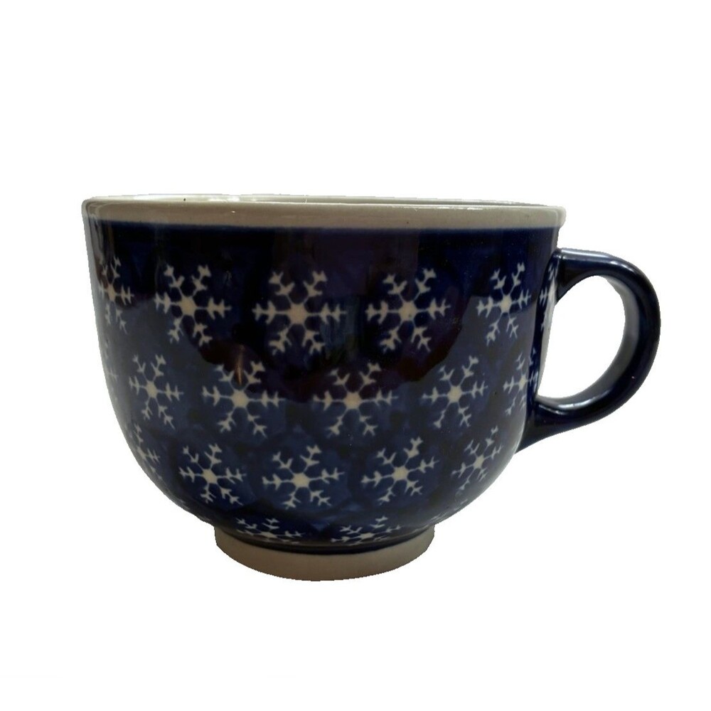 Boleslawiec Polish Pottery Large 18oz Hand Painted Blue Snowflake Mug Soup Cup